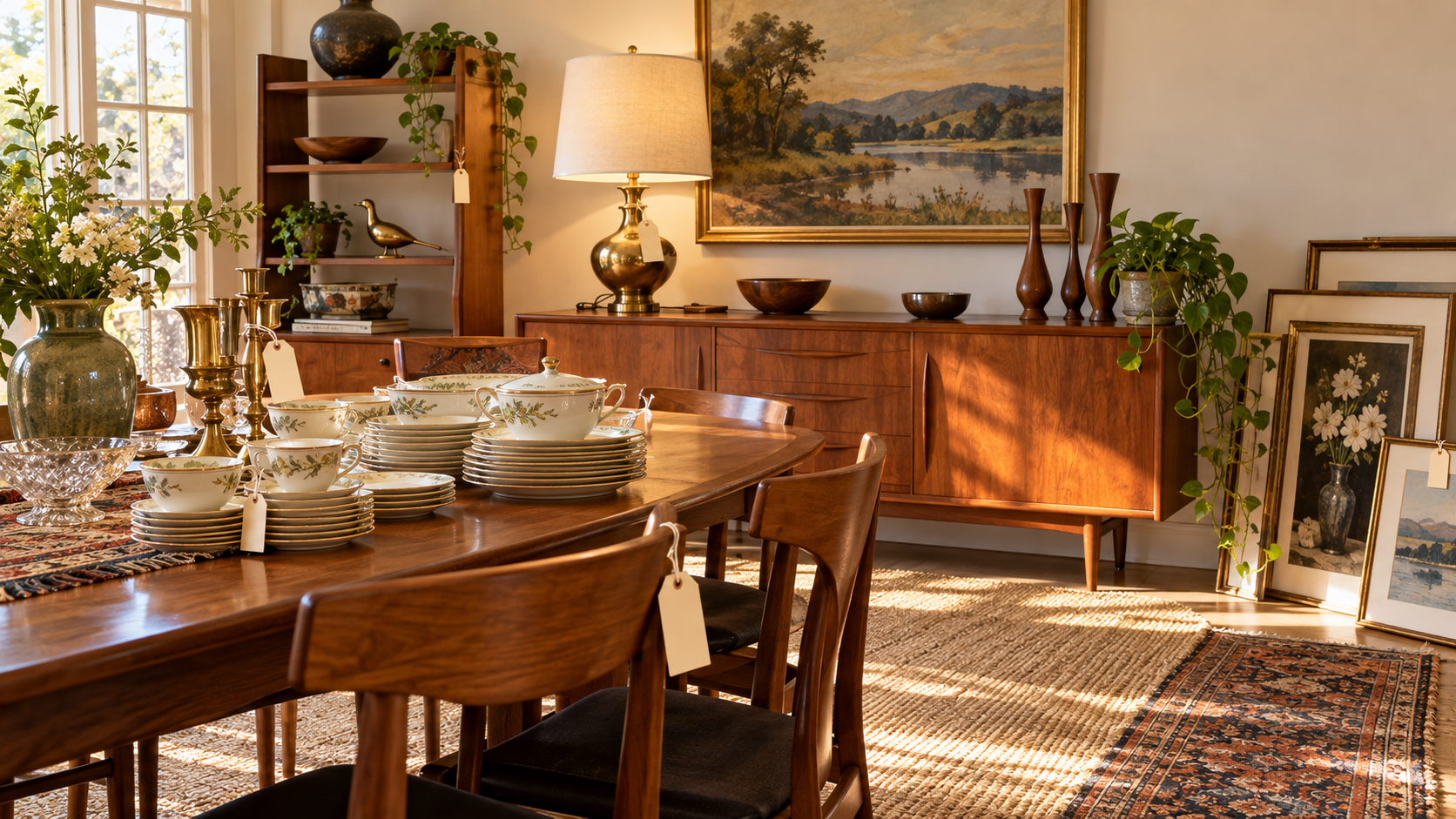 A sunlit room being staged for an estate sale, with stacked china, a brass lamp, and framed art